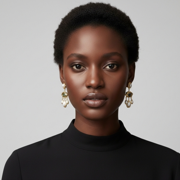 🆕️ Schiaparelli Style Elegant Gold and Pearl Evil Eye Drop Earrings NWOT - Picture 10 of 11